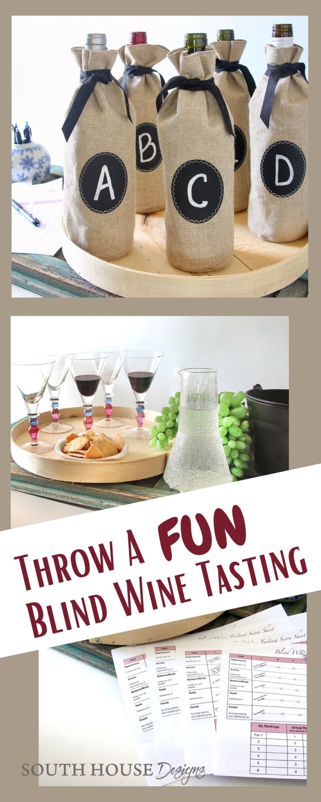 Pin with an image of bagged wine bottle on tray above a wine tasting party set up over an image of wine tasting scorecards