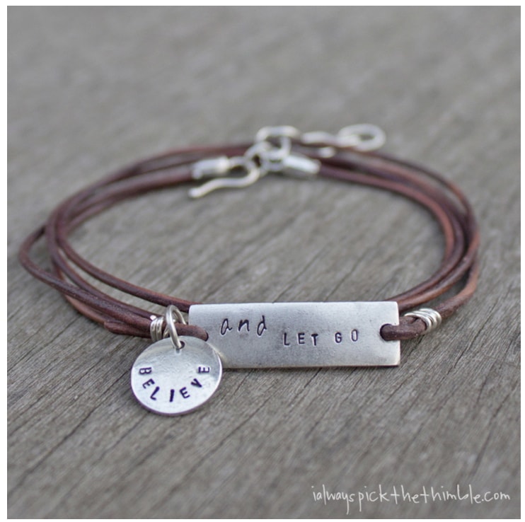 Believe Bracelet with leather starp and stamped metal tags

