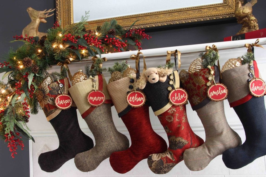 Baker Street Christmas Stockings with Red Tree Slice Name Tags