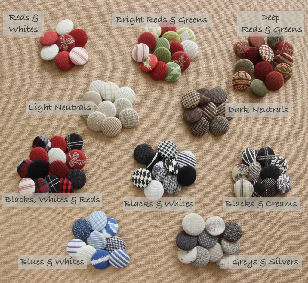 Color choices for buttons are shown on burlap.