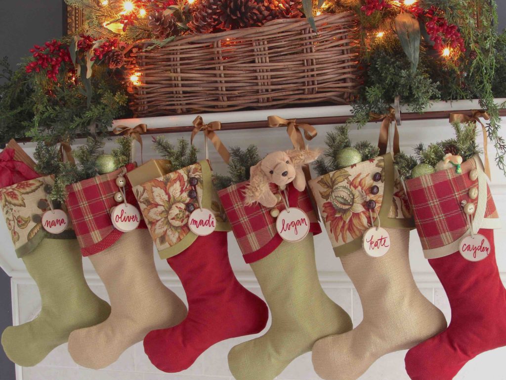 Irish Tidings Christmas Stockings with Red Birch Tree Slices