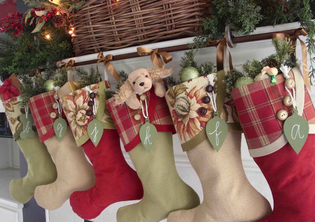 Irish Tidings Christmas Stockings with Green Light Bulb Name Tags