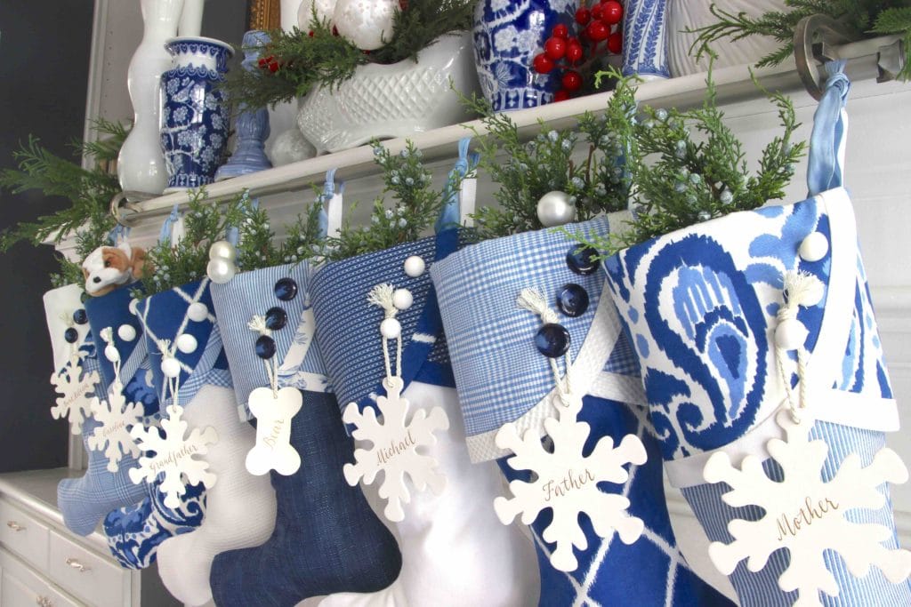 Blue and White Christmas Stockings with Snowflake Name Tags