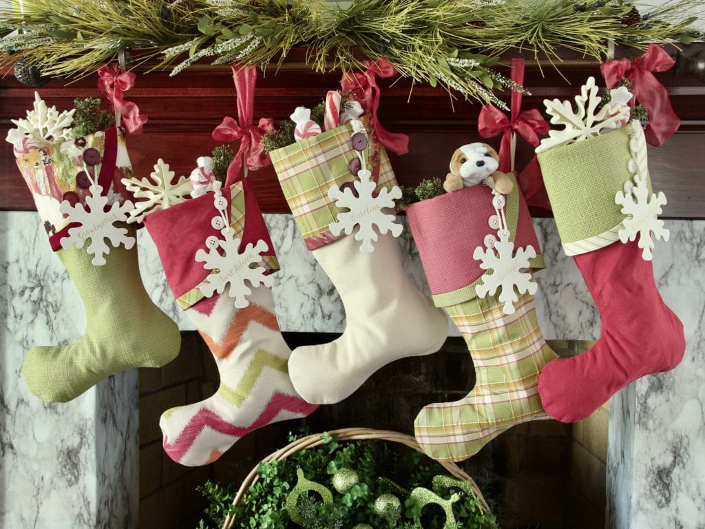 Plaid Tidings Christmas Stockings with Snowflake Name Tags