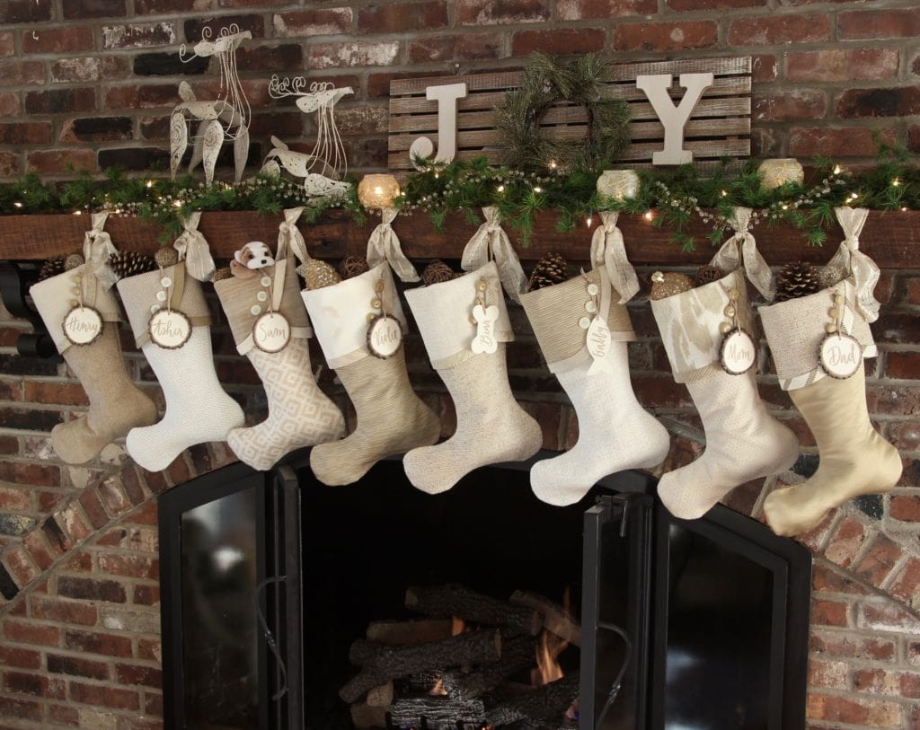 Vanilla Spice Christmas Stockings with White Tree Slice Name Tags