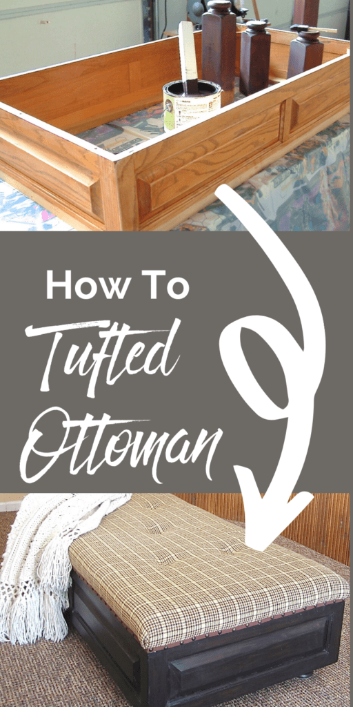 DIY Tutorial to make a tufted ottoman out of a ceiling box used to house tube lighting in a dated kitchen.