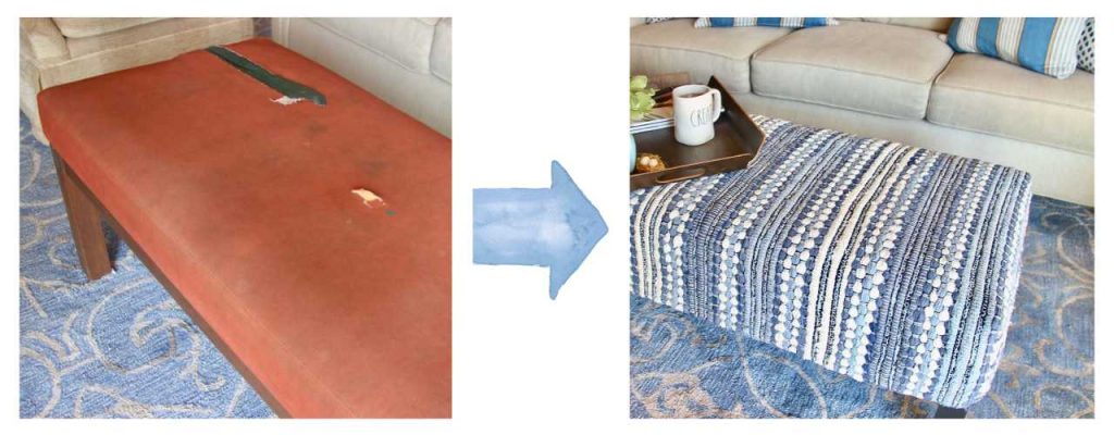 two comparison images of the before bench and after slipcovered ottoman