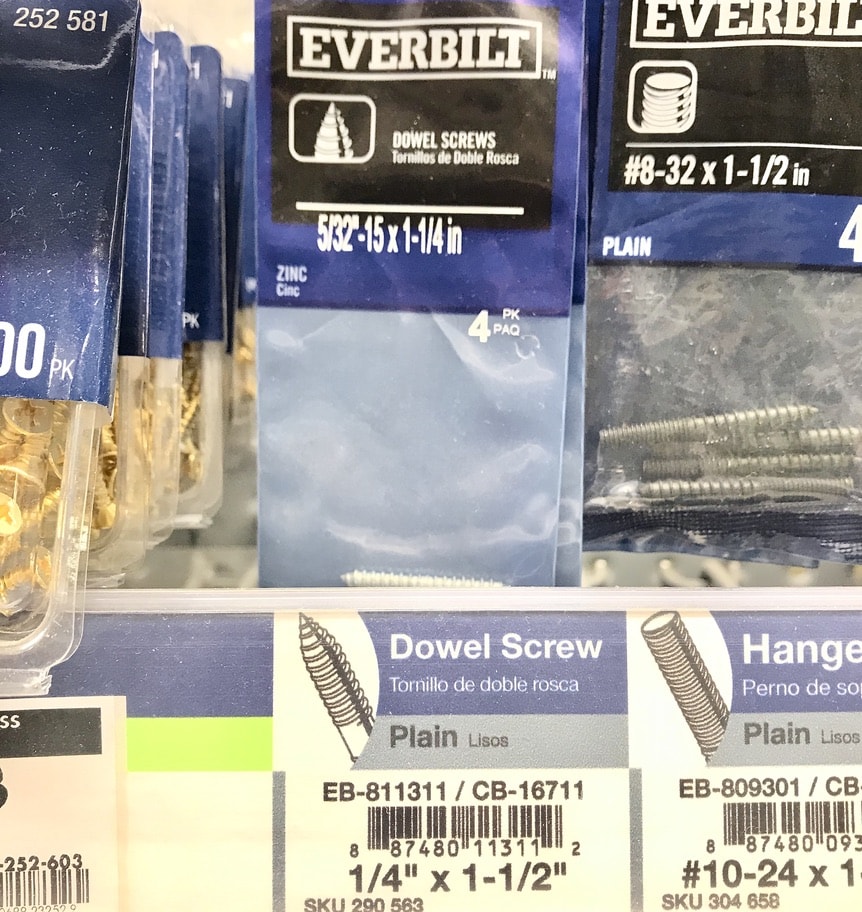 Dowel screw packages at Home Depot