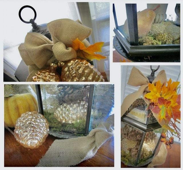 Closeups of DIY Lantern Ideas for Fall with burlap, leaves and pinecones