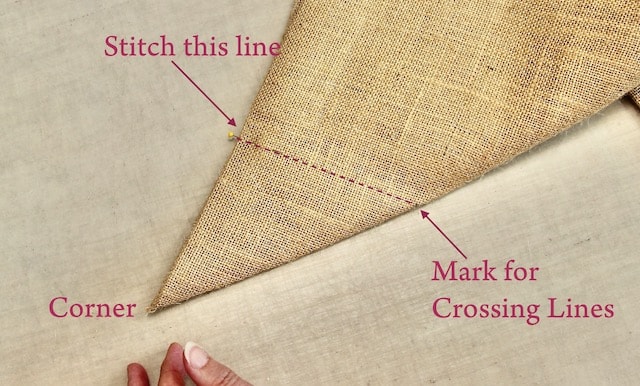 fold corners on diagonal with pin markers meeting and intersecting mark on the fold line