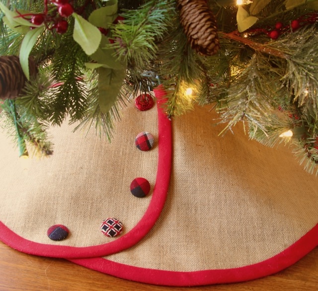 Burlap Pencil Christmas Tree Skirt with Bright Red Banding and Black, White & Red Buttons