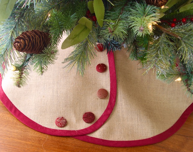 Burlap Pencil Christmas Tree Skirt With Deep Red Banding and Deep Red Buttons