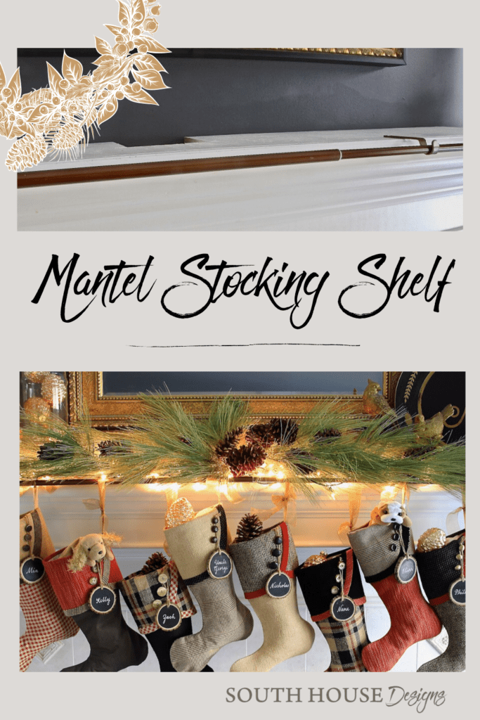 Set of 8 black red and gold Christmas Stockings hanging from a rod on a white mantel