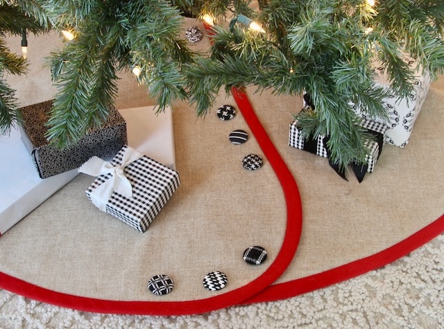 Linen Christmas Tree Skirt Banded with Bright Red and Black & White Buttons
