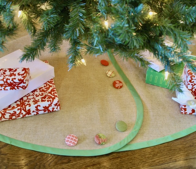 Linen Christmas Tree Skirt With Festive Green Taffeta Banding and Bright Red & Green Buttons