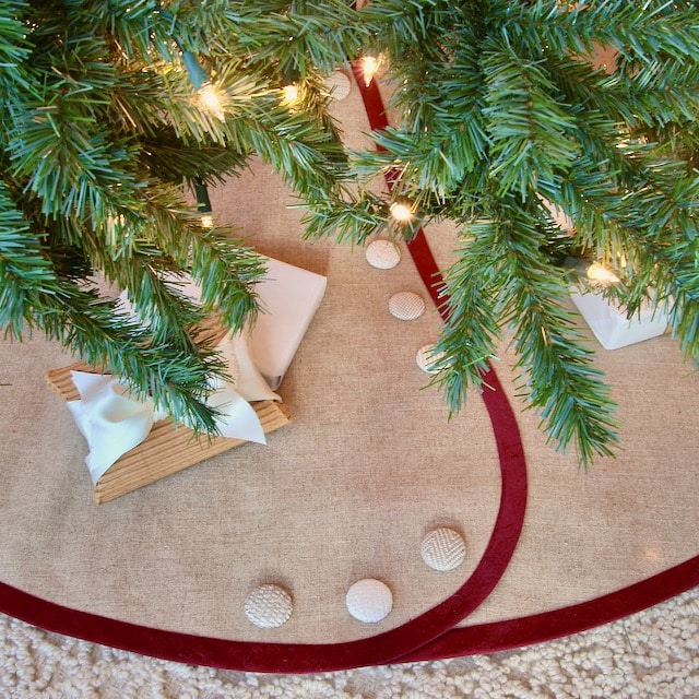 Linen Christmas Tree Skirt with Deep Red Banding and Light Neutral Buttons