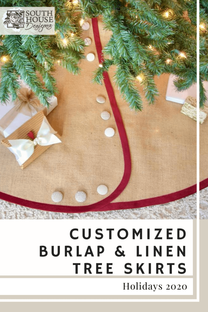 XL Burlap Tree Skirt with Deep Red Banding and Light Neutral Buttons
