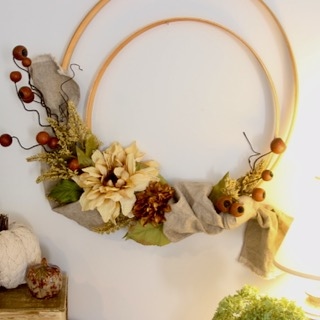 linen table runner in a wooden hoop wreath