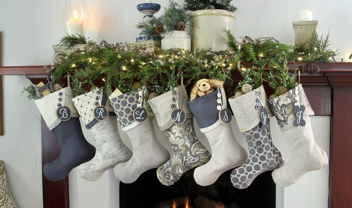 7 Starry night Christmas stockings with blue initial name tags