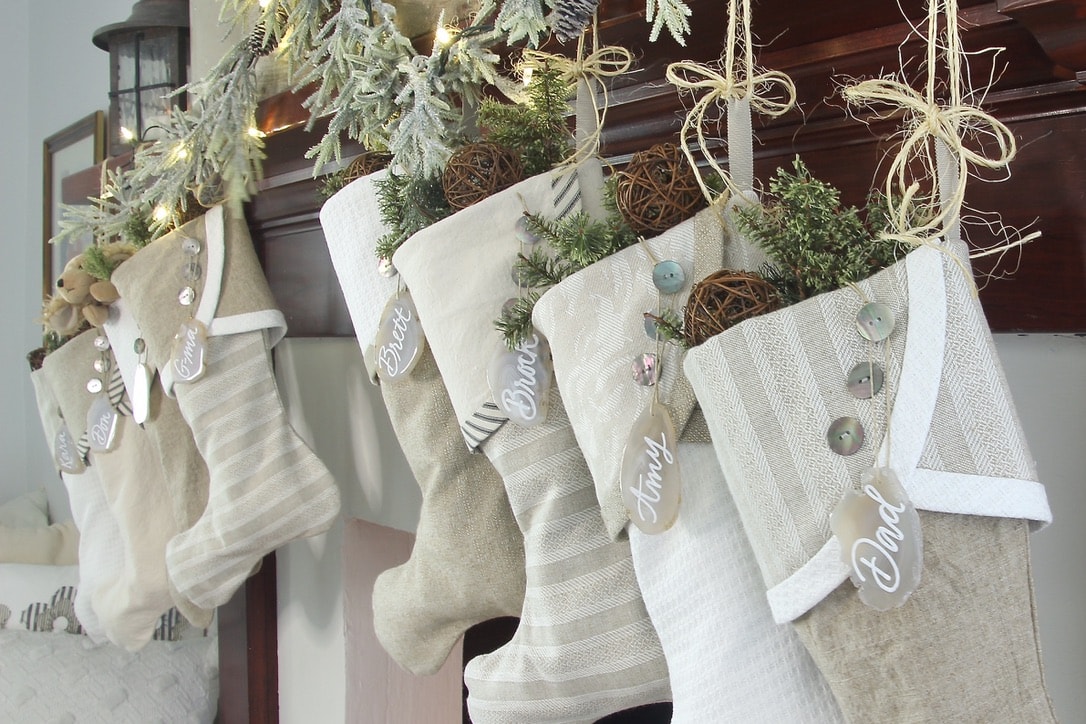 side angle of 8 farmhouse stockings with agate name tags