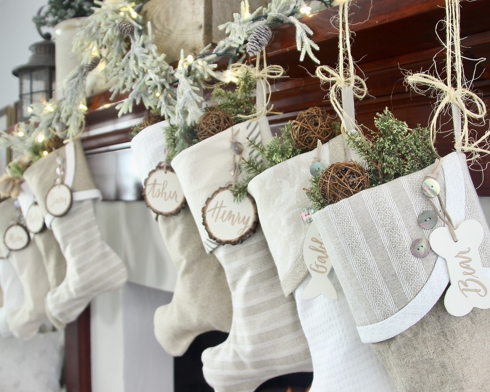 Modern Farmhouse Christmas Stockings with white tree slice name tags