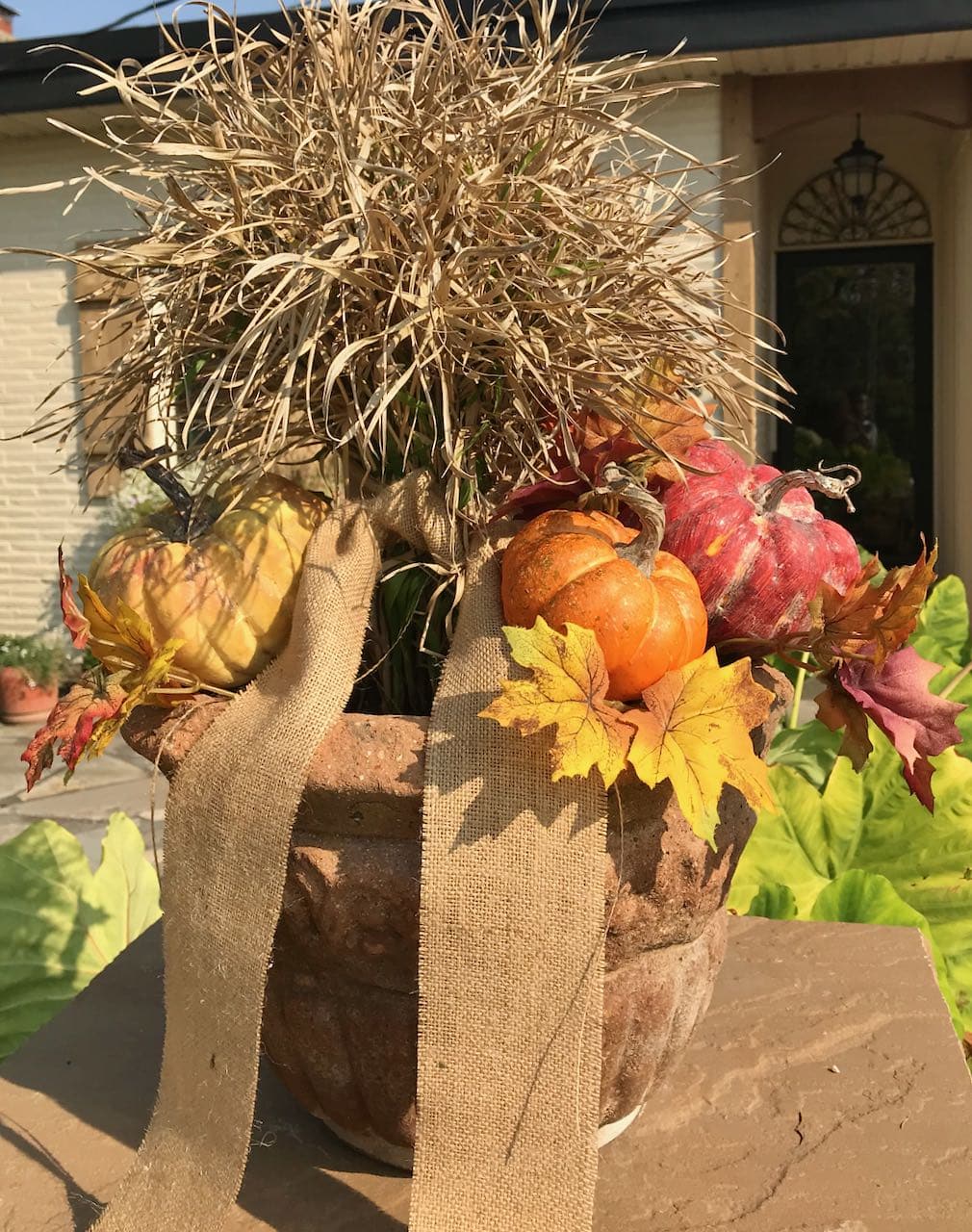 Decorative terra cotta pot with tall tuft of dried grass surrounded by three different colored pumpkins and fall leaves