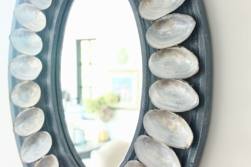 Closeup of shell mirror on white wall reflecting a partial black window and green plant and artwork