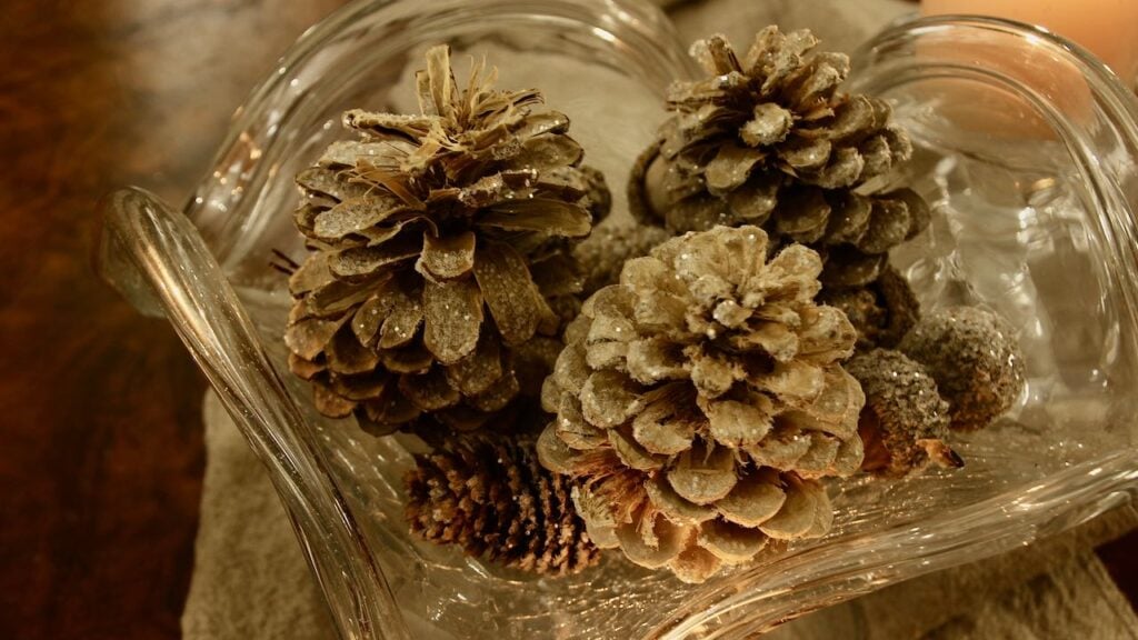 Crystal glass compote dish filled with bleached and sugared pinecones and acorns