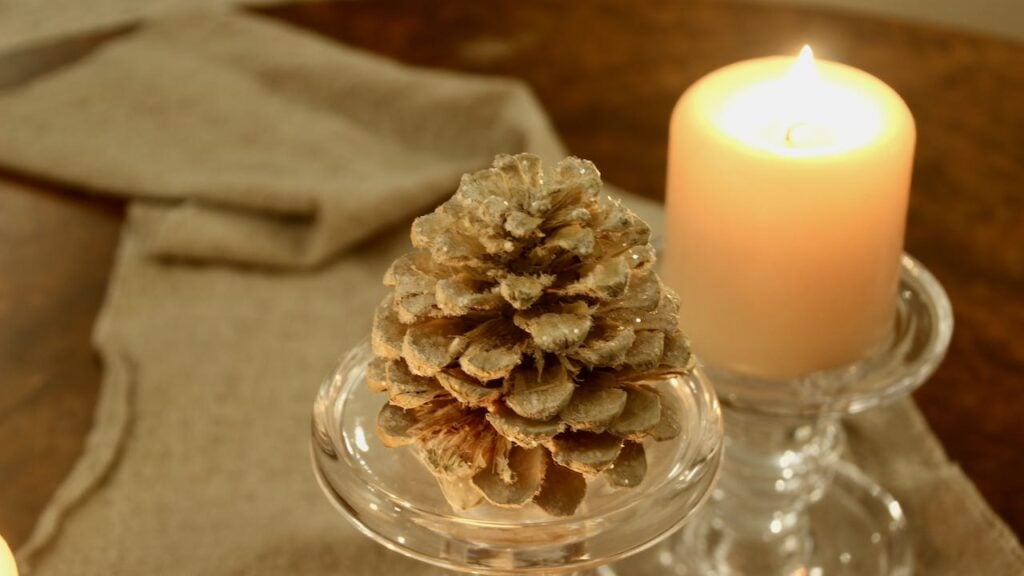 a Single Bleached aprkling pinecone on a clear glass candleholder