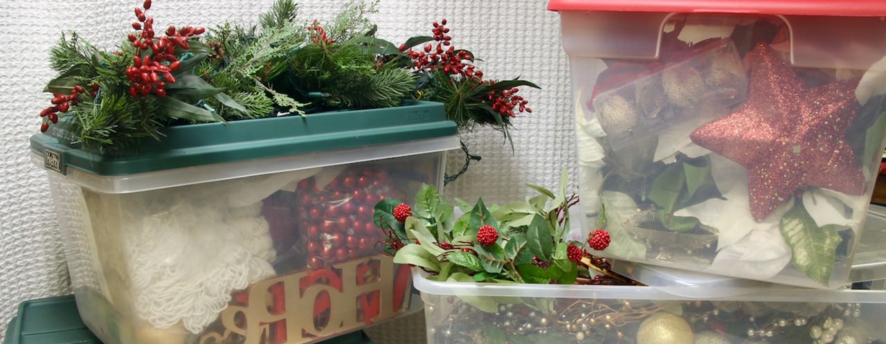 Stacks of packed Christmas decorations