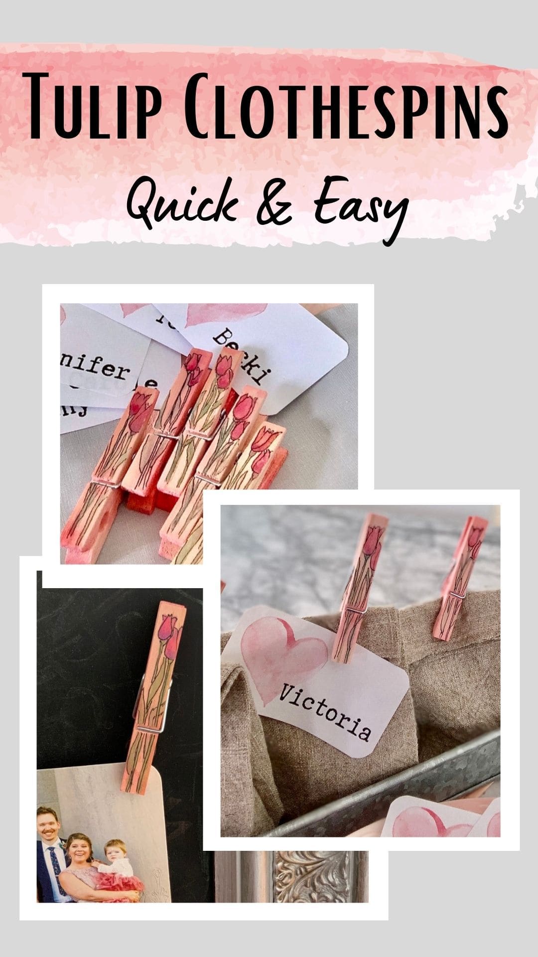 Pin Tower with three pictures of the finished tulip clothespins