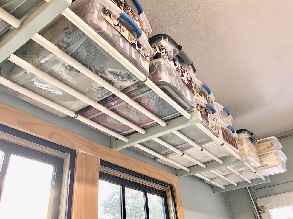kitchen wall less overhead storage idea