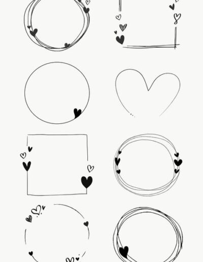 set of 8 hand drawn frames with tiny hearts
