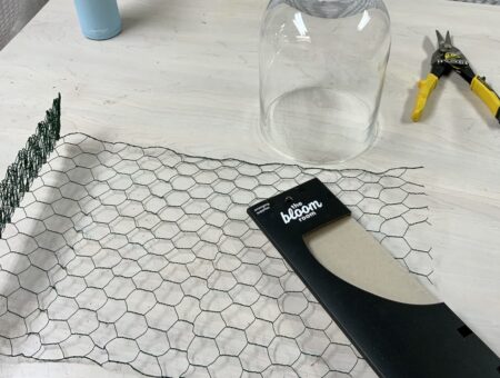 Wire mesh and packaging, glass cloche and wire cutter on work table