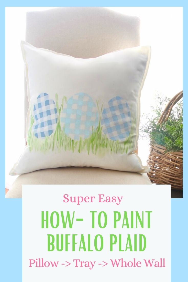 Pin showing hand painting above the finisheed plaid eggs pillow on a chair