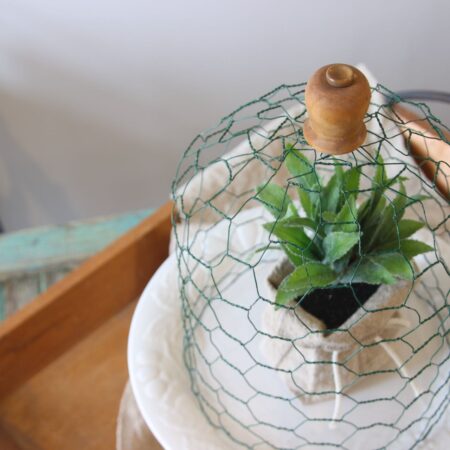 Closeup of Finished wire cloche with wooden button topper