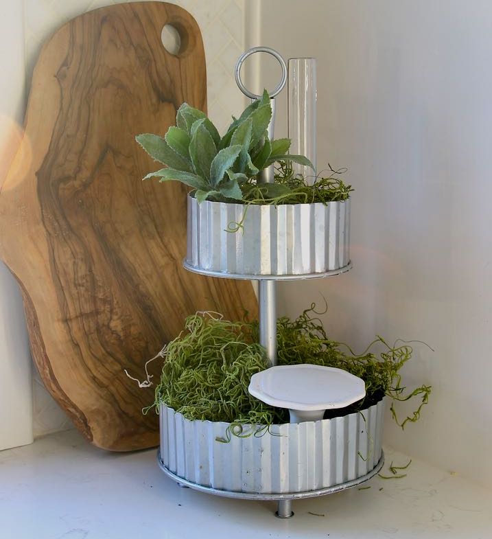 Moss filled in around the bud vase and cupcake stand to fill the tray