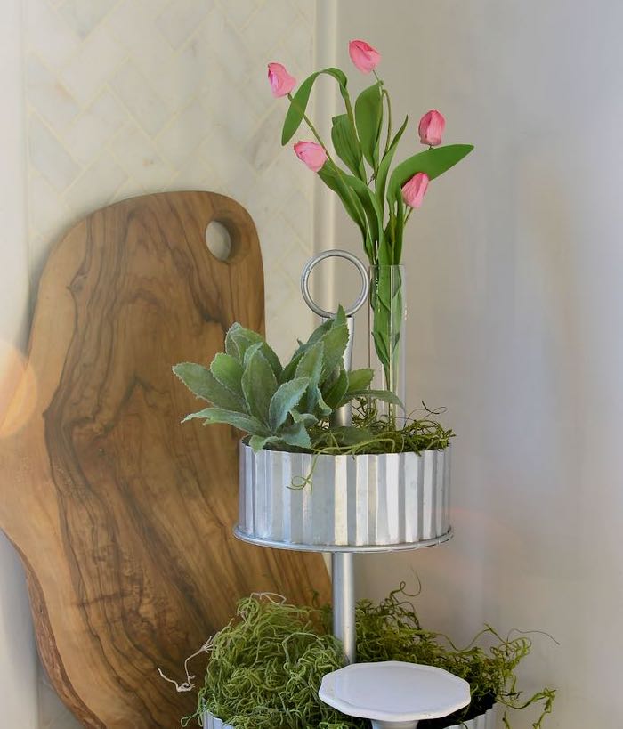 Tiered Galvanized Tray with Springs buds in bud vase on top