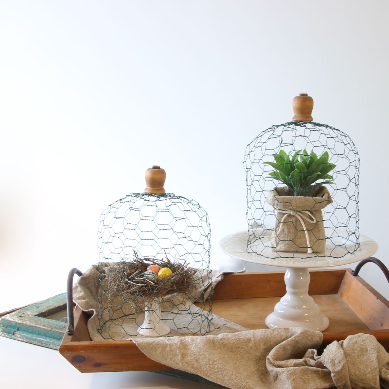 Two wire cloches on a wooden tray with a washed linen runner, one has a nest with three colored eggs in it and the other a small sage plant
