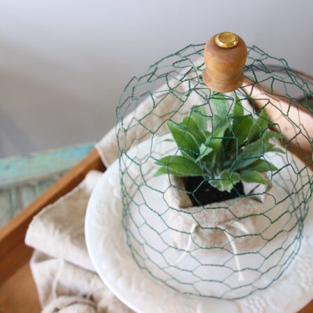 Closeup of finished wire cloche with shiny brass button topper