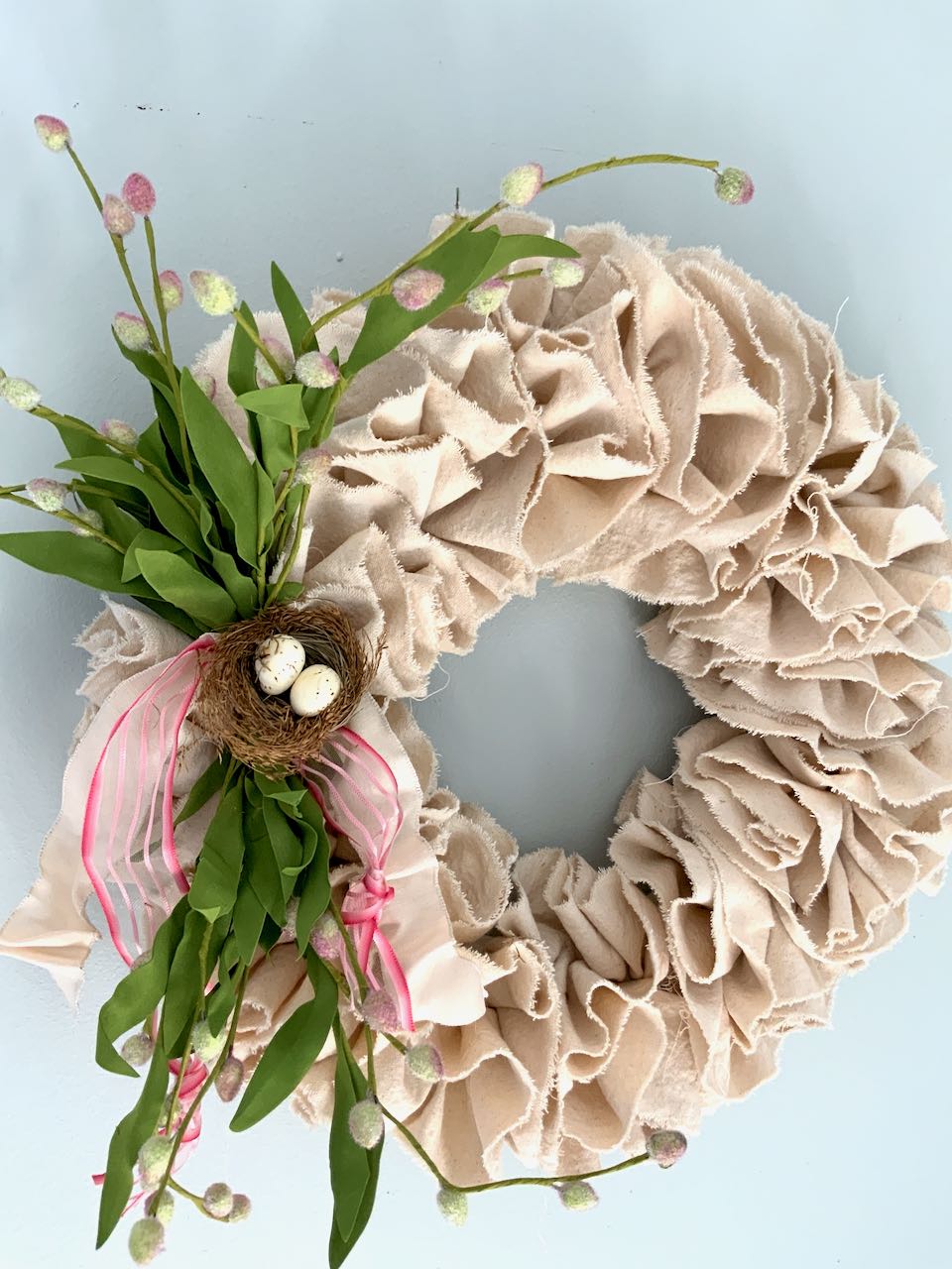 Swirled Canvas Wreath with flowers buds and nest