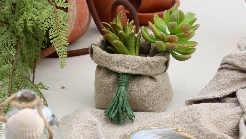 Small Washed linen bag with succulent plant and jute tassel
