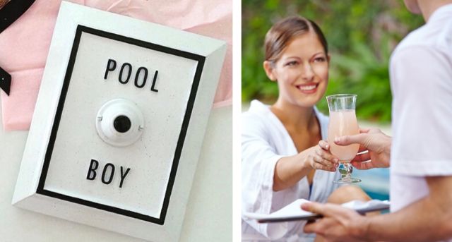 Image of a button to push that says "Pool Boy" next to an image of the arm of a man holding a tray of drinks to a woman in a bathrobe