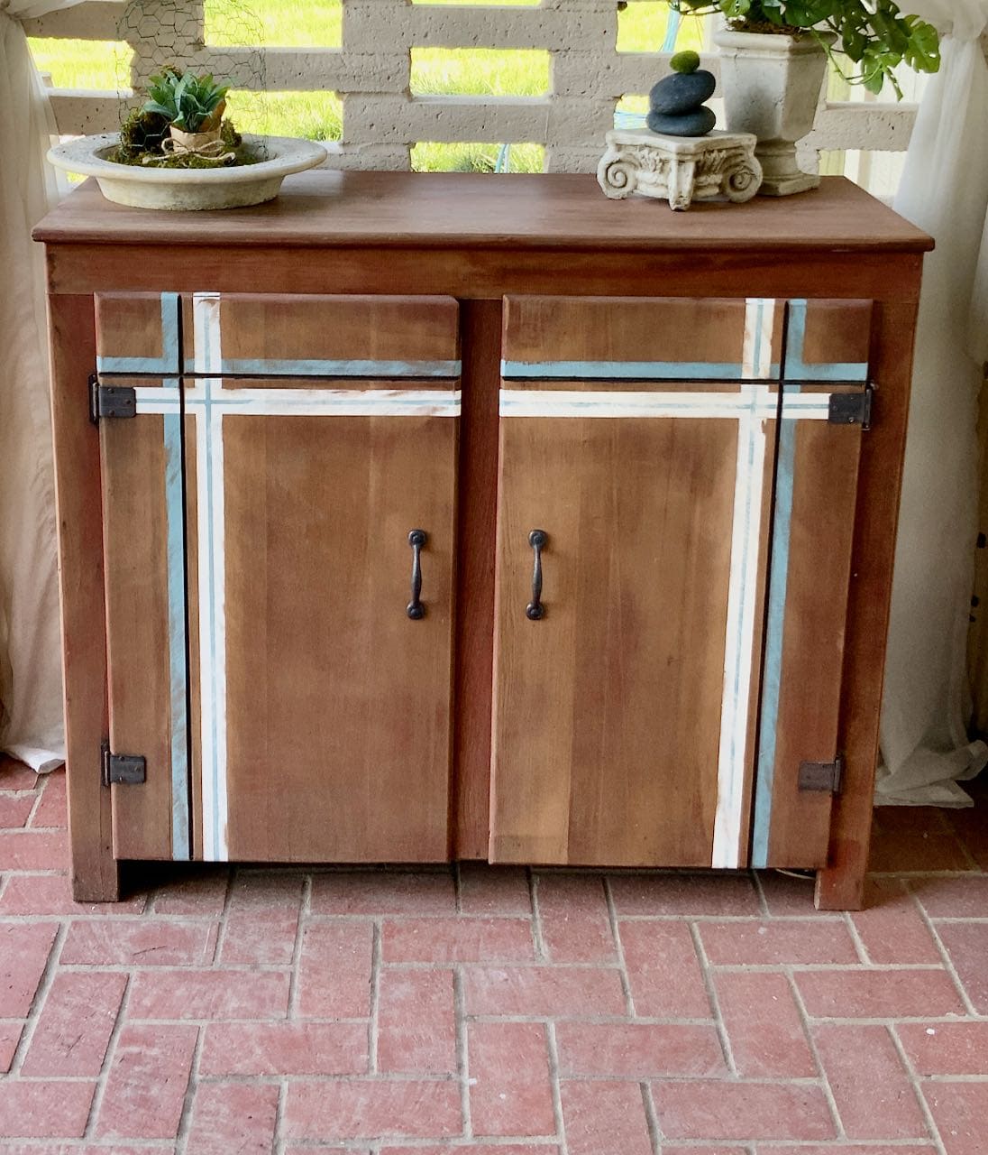 Vintage wood cabinet with plaid accent stripes added 