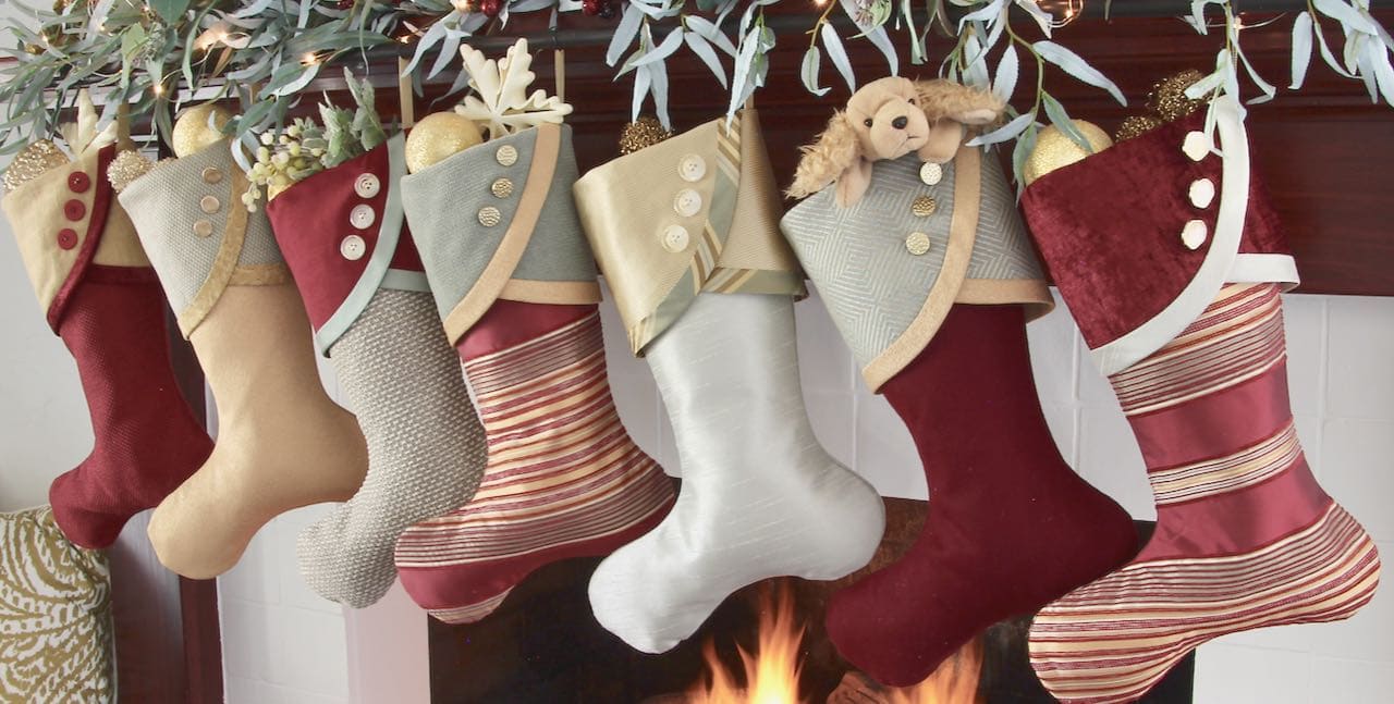 7 Burgundy and teal Christmas stockings with no name tags