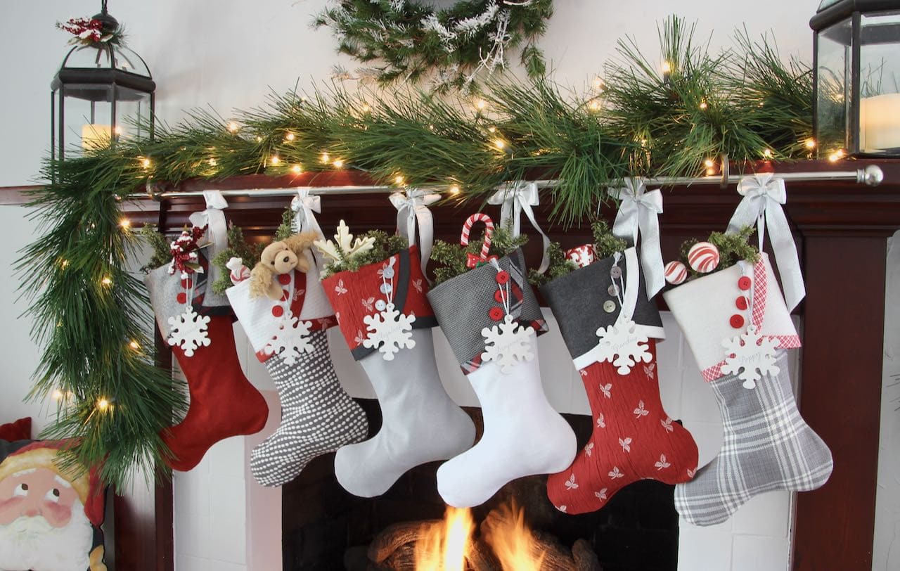 Preppy Christmas Stockings with white snowflake shaped name tags