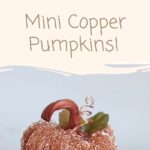 Pinterest pin showing one copper metal pumpkin on a black riser with the title "How-To Mini Copper Pumpkins"