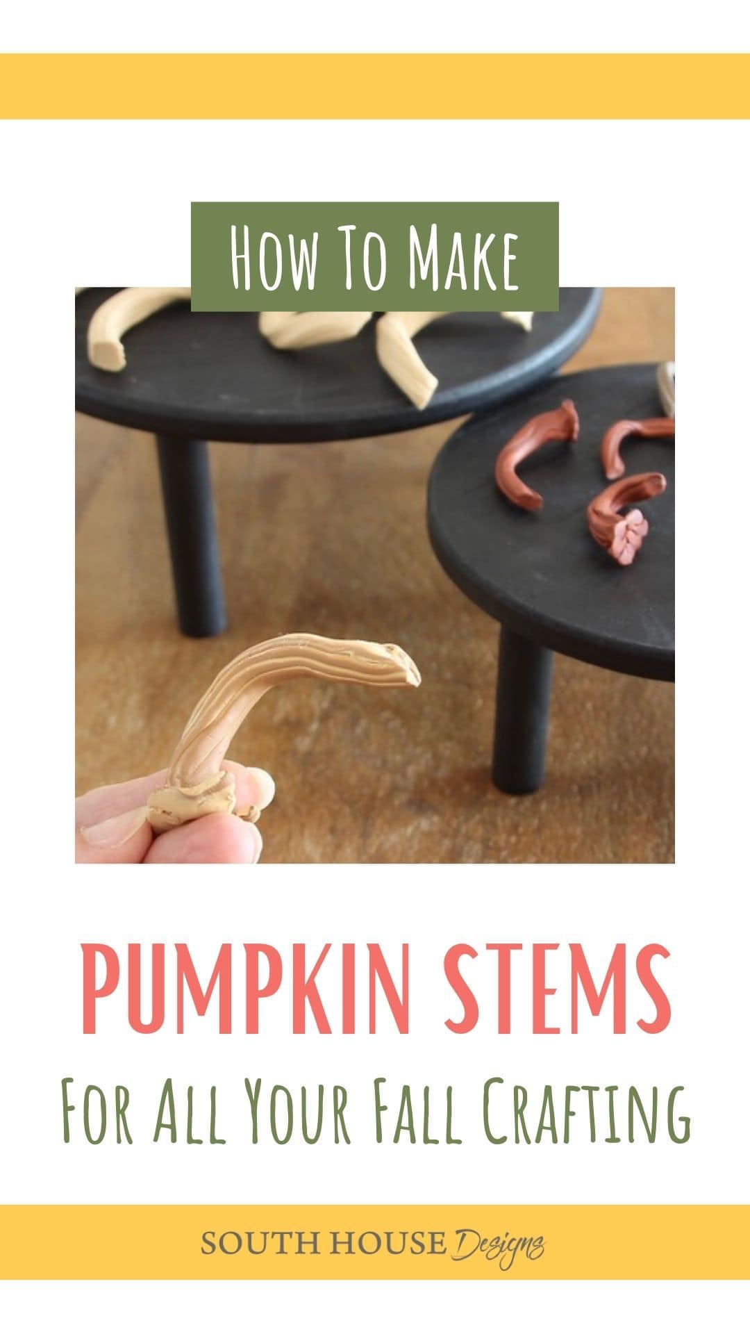 Pinterest Pin showing hand holding one pumpkin stem and more stems in the background, titled "Pumpkin Stems for All Your Fall Crafting