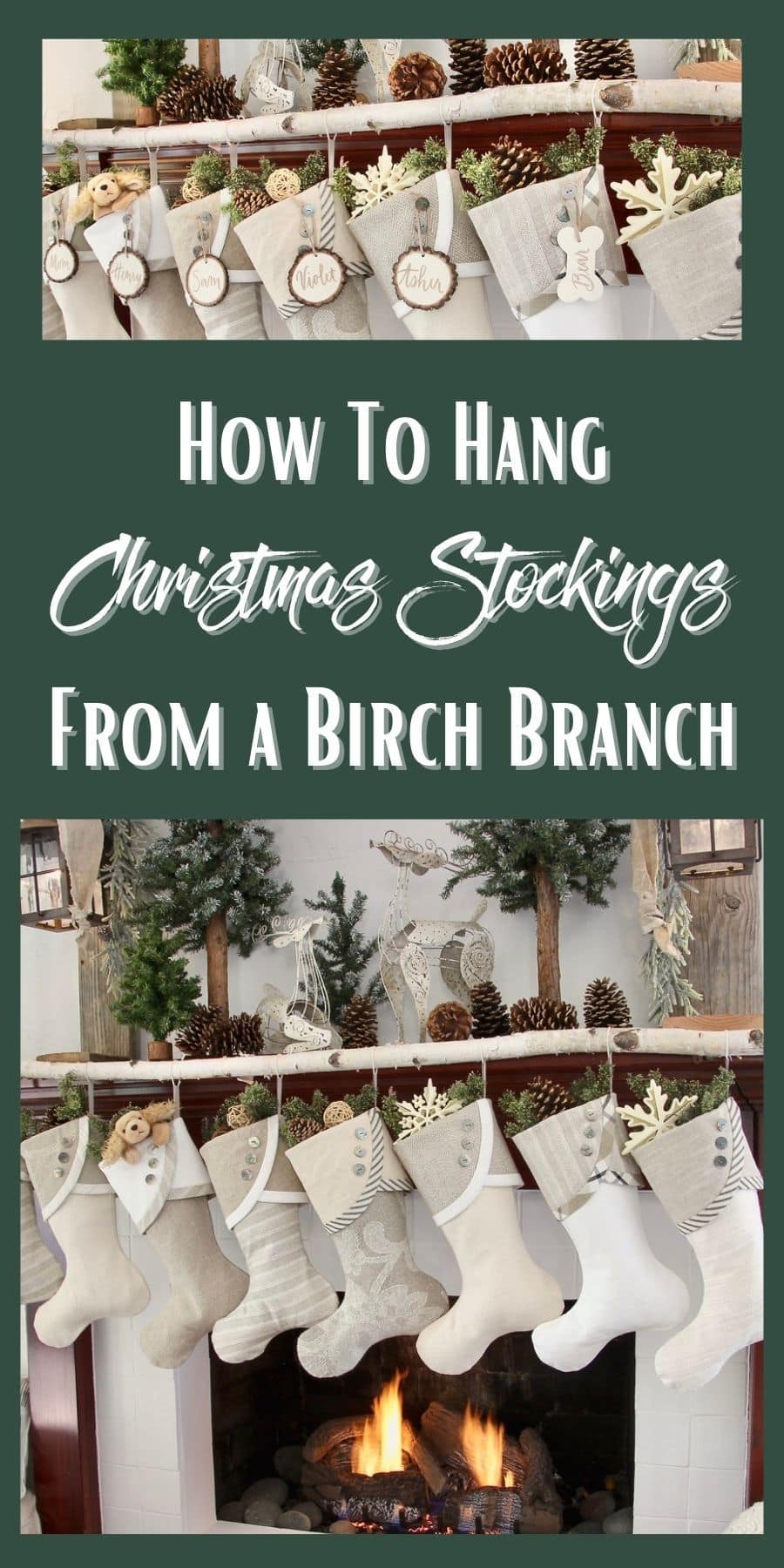 Pinterest Pin Showing a wide closeup and afull image of 8 Farmhouse Christmas stockings hanging from a birch branch on a wood mantel