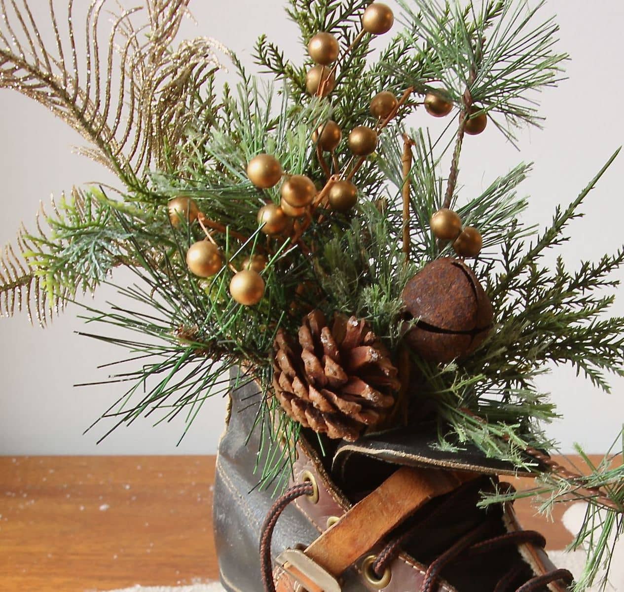 closeup of the greenery and accents spilling out of the top of the boot